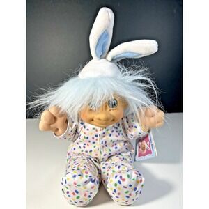 VTG 12" Russ Troll Kidz Easter Bunny Blue Hair Blue Eyes Polka Dot Doll 1990's